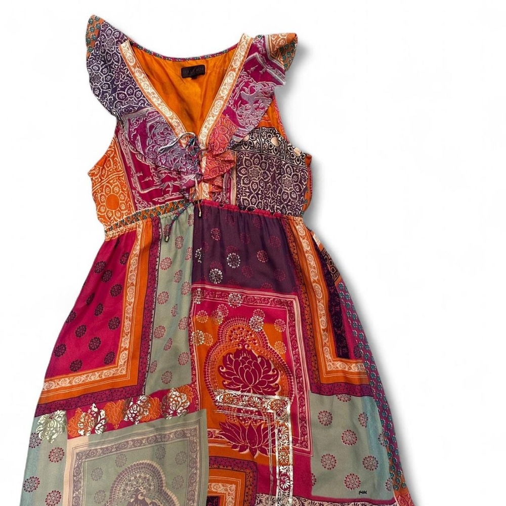Hale Bob hi-lo dress with multi-coloured print and ruffle details